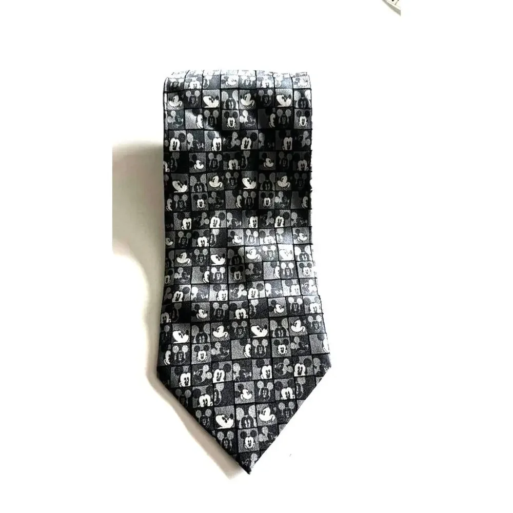 Disney Mickey Mouse Silk Tie Gray Mosaic Pattern WDW - 100% Silk Men’s Necktie